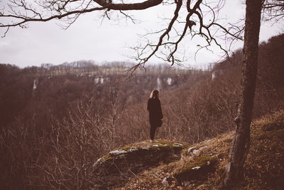 Rear view of woman standing on rock against bare trees