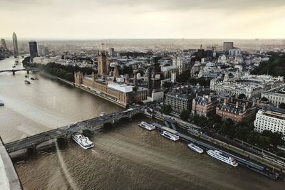 High angle view of city at riverbank