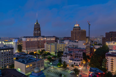 High angle view of buildings in city