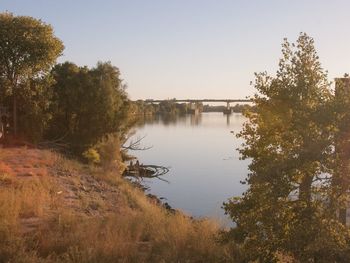 Scenic view of lake against clear sky