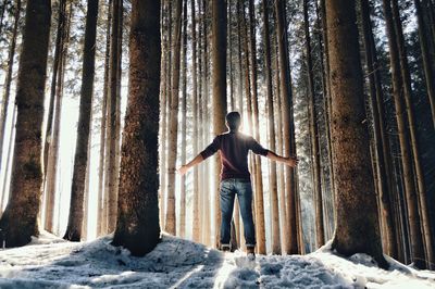 Rear view of man with arms outstretched while standing in forest during winter