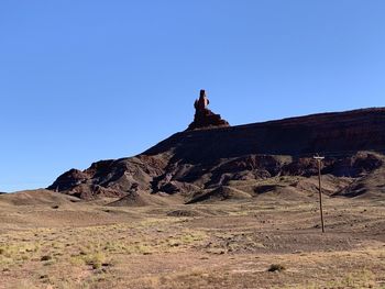 Rock formations on landscape against clear blue sky