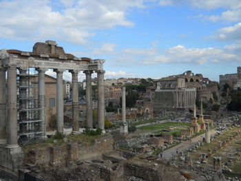 High angle view of old historical buildings against sky