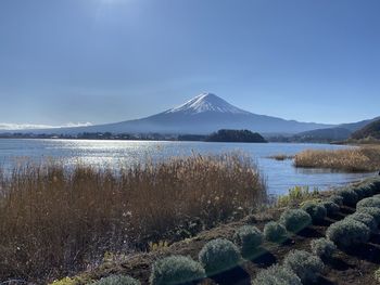 Scenic view of lake and mountains against sky