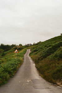 Rear view of man walking on road against sky