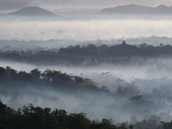 Scenic view of trees and mountains against sky