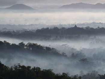 Scenic view of trees and mountains against sky