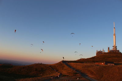 Low angle view of birds flying against sky during sunset