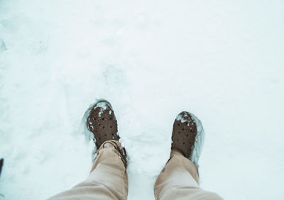 Low section of person standing on snow