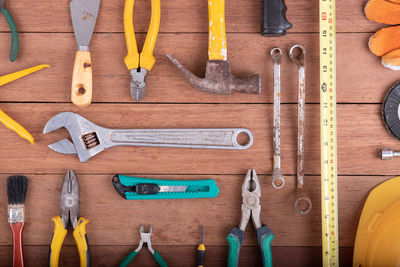 High angle view of work tools on table