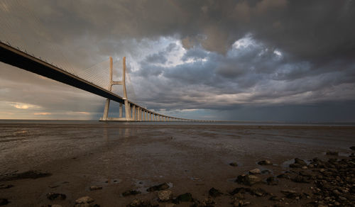 Vasco da gama bridge at sunset with dramatic cloudy sky in lisbon