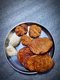 High angle view of breakfast on table