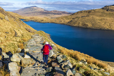 Rear view of woman on rock by lake