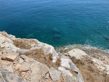 High angle view of rocks on beach