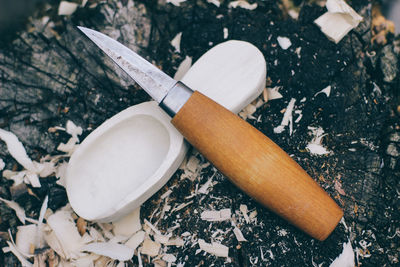 High angle view of knife on table