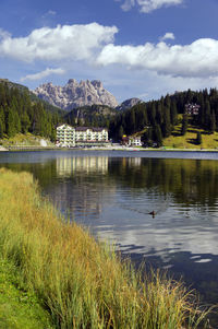 Scenic view of lake against cloudy sky