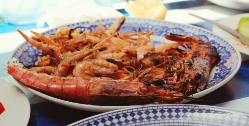 High angle view of seafood in plate on table