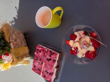 High angle view of breakfast on table