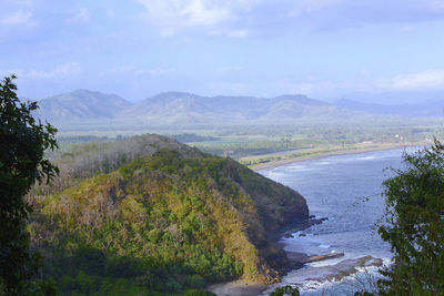 High angle view of scenic view of mountains against sky
