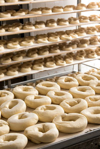 Close-up of dough on shelves in bakery