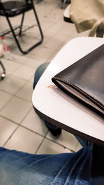 High angle view of book on table