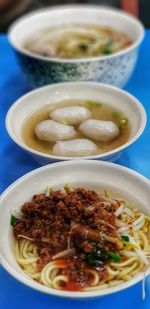 Close-up of noodles served in bowl