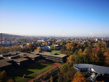 High angle view of townscape against clear sky