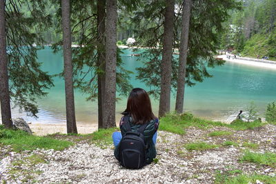 Rear view of woman sitting by the lake