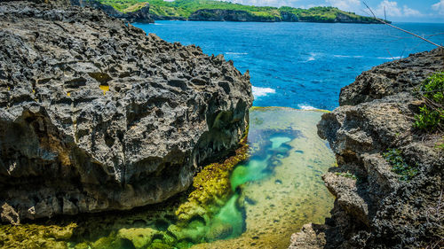 High angle view of sea by cliff