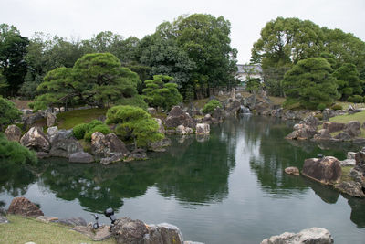 Scenic view of lake by trees against sky