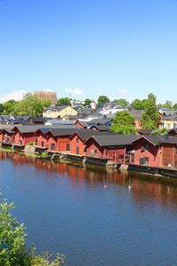 Houses by lake against clear sky