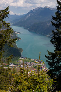 High angle view of lake against sky