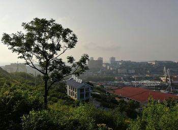 High angle view of trees and buildings against sky