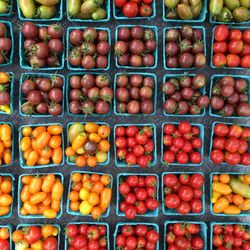 Directly above shot of tomatoes for sale at market stall