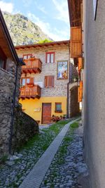 Footpath amidst houses against sky