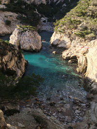 High angle view of rocks in sea