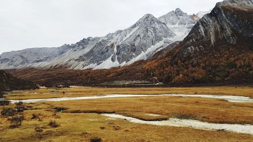 Scenic view of snowcapped mountains against sky