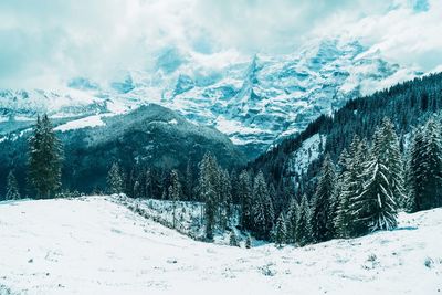 Scenic view of snowcapped mountains against sky