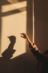 Cropped hand of woman gesturing against wall