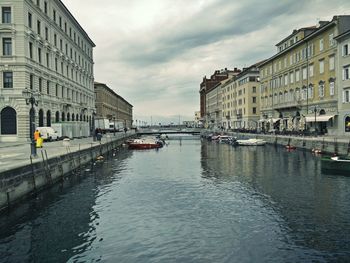 View of boats in city against cloudy sky