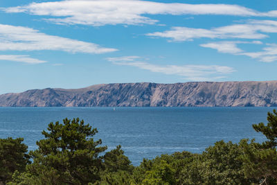 Scenic view of sea and mountains against sky