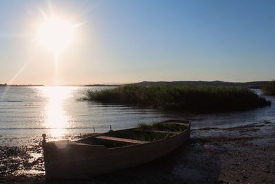 Scenic view of lake against bright sun