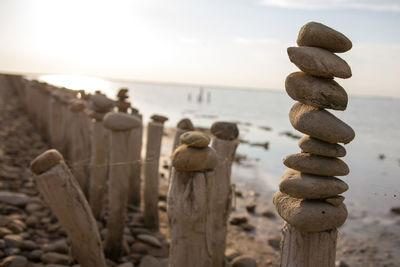 Close-up of wooden posts on sea against sky