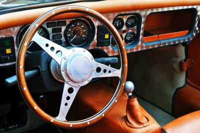 High angle view of steering wheel in vintage car