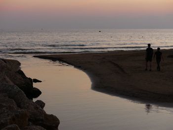 Rear view of people on beach against sky during sunset