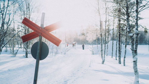 Snow covered road amidst trees and a marked trail sign during winter.