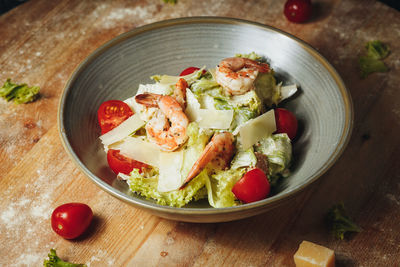 High angle view of food in plate on table