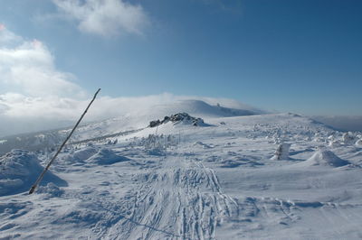 Scenic view of snow covered mountains against sky