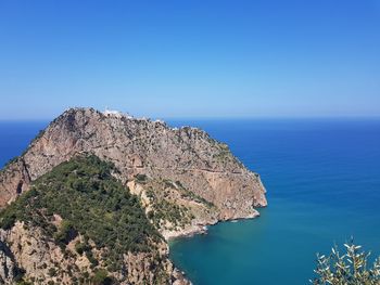 Scenic view of sea against clear blue sky