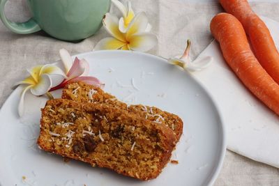 High angle view of bread in plate on table